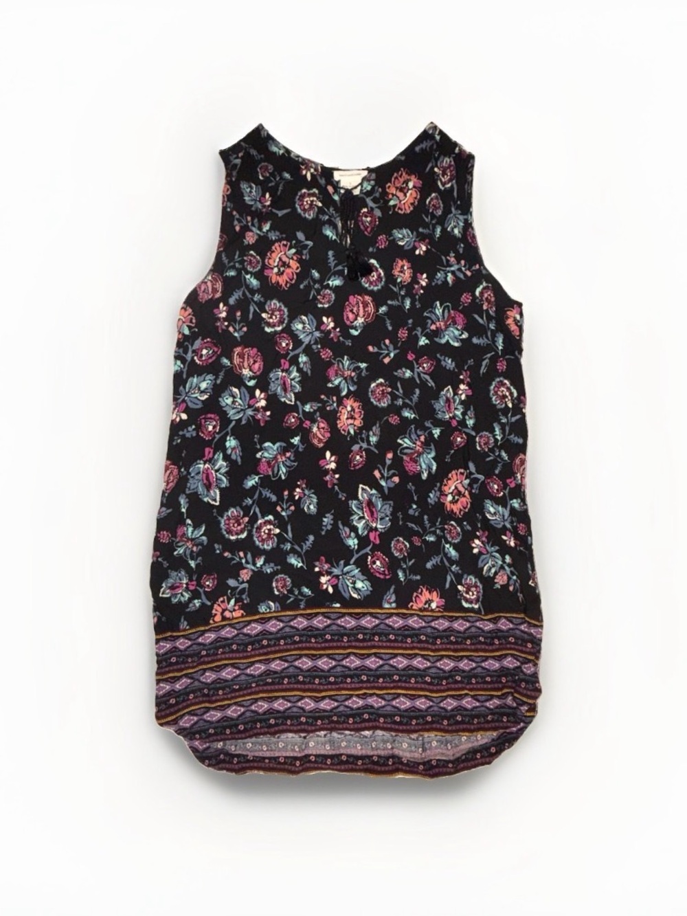 beachlunchlounge Black Floral Sleeveless Midi Boho Shift Tassel Size L